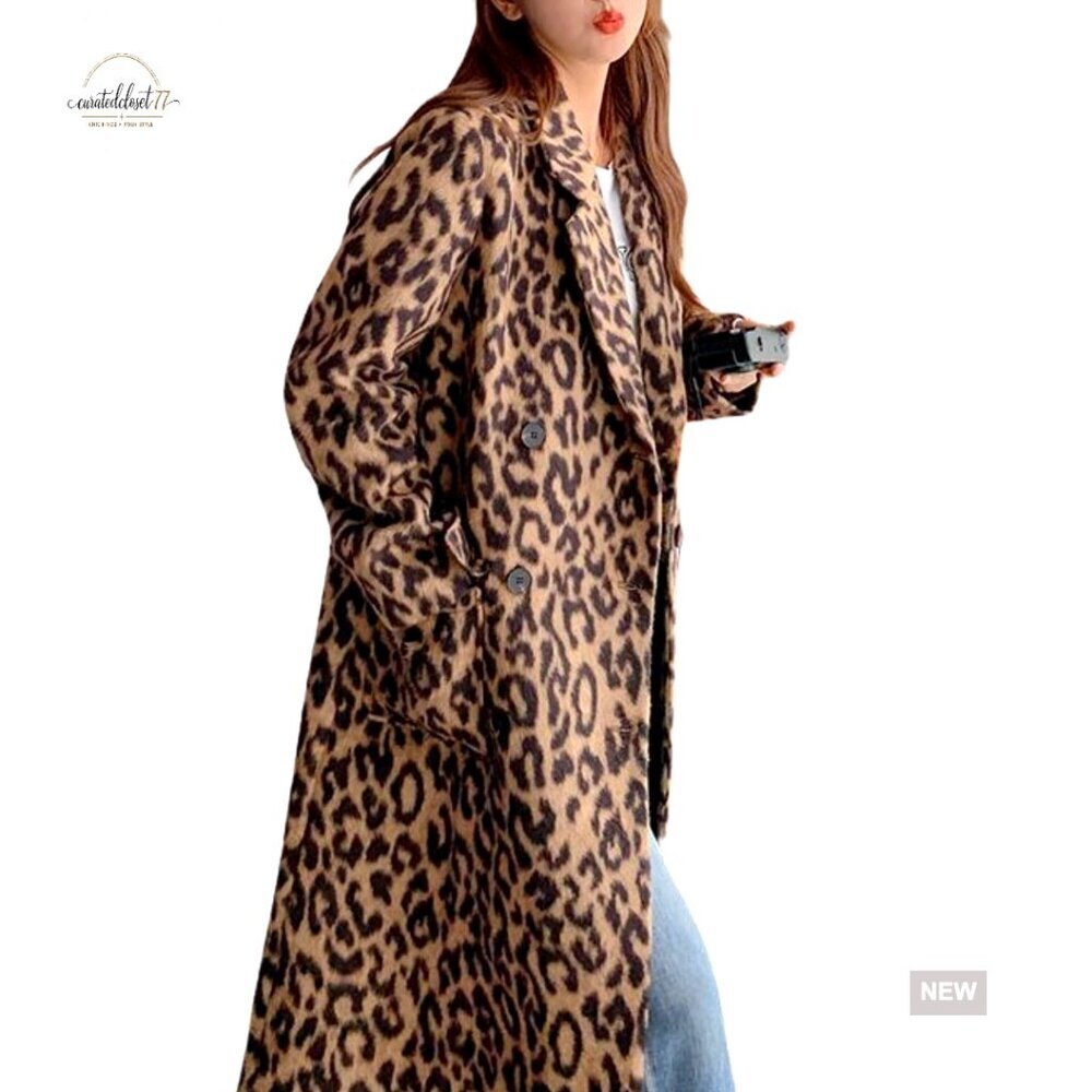 Leopard Print Wool Blend Pea Coat Double Breasted Trench Chic Winter Outerwear